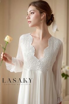 Lasaky - Elegant Vintage Palace Princess Nightgown Featuring Exquisite Lace and Intricate Embroidery Lace Patchwork Gown For Wedding Night, White Long Sleeve Dress For Home, White Long Sleeve Home Dress, Lace Long Sleeve Sleepwear For Wedding Night, Long Sleeve Lace Trim Nightgown For Wedding, White Lace Sleepwear For Home, White Lace Long Sleeve Nightgown, Feminine Wedding Nightgown With Lace Patchwork, Wedding Nightgown With Lace Trim And Long Sleeves