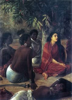 a painting of people sitting on the ground