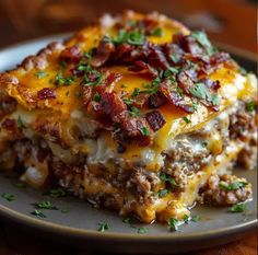 a close up of a plate of food with meat and cheese on it's surface