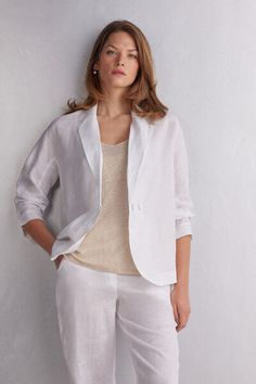 Deconstructed double breasted jacket in linen cloth. Decide how you want to button it based on the style and look you want to create: with two buttons, with one single button, or worn open. Perfect for casual looks ad for fresh summer evenings. Elegant Double-breasted Linen Outerwear, Chic Linen Blazer With Hidden Button Closure, Elegant Linen Button-up Blazer, Chic Linen Blazer With Double Button Closure, Elegant Linen Blazer With Double Button Closure, Elegant Linen Blazer With Button Closure, Elegant Double-breasted Linen Blazer, Chic Linen Outerwear With Buttons, Linen Blazer With Lapel Collar And Buttons