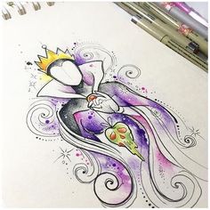 a drawing of a woman with a crown on top of her head and purple hair