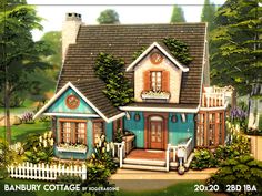 this is an artist's rendering of a cottage in the woods with flowers on the porch