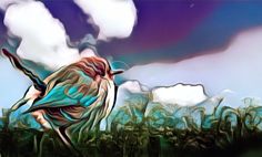 a painting of a bird sitting on top of a grass covered field with clouds in the background