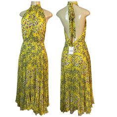 Brand New With Tags, No Issues. Halter Tie In The Back, Back Zipper, Uneven Hem So It Is More Flowy. Waist 30” Armpit To Armpit 18” Waist To Bottom (Starting From Top Of The Waistband) Is About 34-37” (Given The Hem Is Not Straight Across) Dress Yellow, Yellow Dress, Pleated Dress, Blue Yellow, Open Back, Ebay Store, Colorful Dresses, Floral Print, Floral Prints