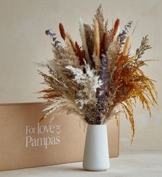 a white vase filled with dried flowers next to a cardboard box that says to love's pampass