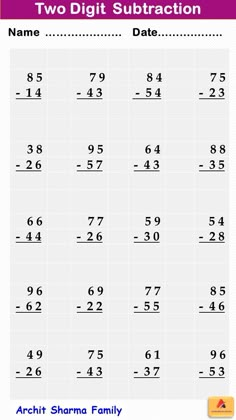 two digit subtraction worksheet for kids with numbers to 10 and below