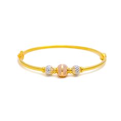 This delicate 22k gold bangle bracelet exudes poised elegance and refined beauty. Weighing 10.7 grams, it offers a perfect balance of luxury and comfort. The bracelet features a harmonious blend of yellow, white, and rose gold finishes, adding a touch of subtle sophistication. With a diameter of 2.25 inches and an oval opening shape, it ensures a graceful and comfortable fit. Designed for convenience, it is openable with a spring hinge and offers the option of no lock or push lock for secure wear. This single-piece bangle is perfect for adding a touch of delicate charm to any outfit, making it a lovely addition to your jewelry collection. PRODUCT DETAILS Gold Purity(karat): 22k Gold Weight(grams): 10.7 Item Finish: Yellow + White + Rose Gold Bangle Diameter: 2.25" Bangle Opening Shape: Ova Adjustable Yellow Gold 22k Bangle, Elegant Adjustable 22k Gold Bangle, White Gold-plated Bangle Bracelet, Elegant Yellow Bangle Bracelets, Adjustable 22k Yellow Gold Bangle, Elegant Yellow Bangle Bracelet, Yellow Gold-plated Bangle Bracelet, Elegant Adjustable Yellow Bangle, 22k Yellow Gold Bangle Bracelet