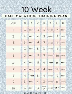 the 10 week half marathon training plan is shown in pink and blue with white flowers