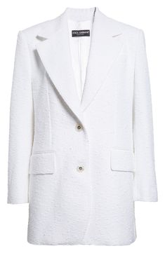 Part of D&G's Capri collection celebrating summers in '60s Italy, this optic-white single-breasted blazer is tailored from richly textured cotton-forward tweed. Front button closure Notched lapels Four-button cuffs Chest welt pocket; front flap pockets Silk lining 80% cotton, 15% linen, 5% nylon Dry clean Made in Italy Designer Clothing Designer White Spring Blazer, Designer White Blazer For Spring, Fitted White Tweed Blazer, White Designer Blazer For Spring, Designer White Blazer For Fall, Luxury White Blazer For Spring, White Tailored Tweed Blazer, White Tweed Blazer For Spring, White Tweed Blazer For Work