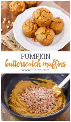 pumpkin butterscotch muffins in a blue bowl and on a white plate