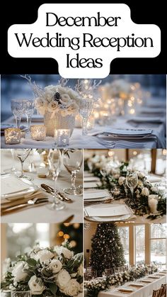 Elegant December wedding reception ideas with winter decor and centerpieces. Home Wedding Reception Decorations, Winter Wonderland Wedding Reception Table Decor, Winter Wedding Card Box Ideas, Winter Wedding Decorations Table, Winter Wedding Tables, Christmas Wedding Centerpieces Elegant, Winter Centerpieces Wedding, Christmas Wedding Ideas On A Budget, Nye Wedding Reception