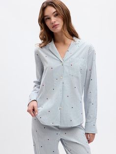 Relaxed Poplin PJ Shirt Striped Long Sleeve Shirt With Button Cuffs, Pinstripe Long Sleeve Shirt With Placket, Casual Pinstripe Tops With Button Cuffs, Striped Long Sleeve Blouse With Pockets, Striped Cotton Blouse With Button Cuffs, Pinstripe Long Sleeve Top With Striped Cuffs, Daywear Long Sleeve Shirt With Striped Cuffs, Cotton Long Sleeve Shirt With Striped Cuffs, Long Sleeve Shirt With Striped Cuffs For Daywear