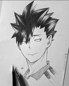 a drawing of an anime character with black hair and spiked bangs on his head, looking to the side