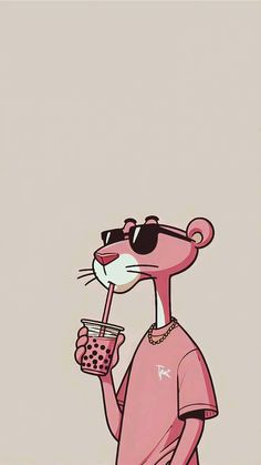 a cartoon character holding a drink in one hand and wearing sunglasses on the other side