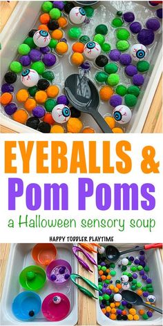 an image of eyeballs and pom poms in a halloween playtime box