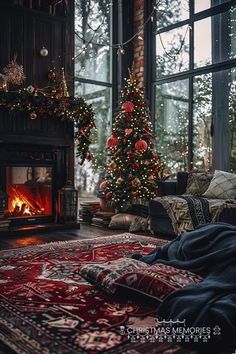 a living room filled with furniture and a fire place covered in christmas decorations next to a large window