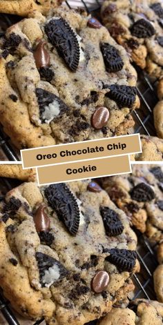 oreo chocolate chip cookie cookies cooling on a rack with text overlay that says oreo chocolate chip cookies