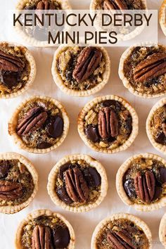 many pecan pies are lined up on a white surface with the words kentucky derby mini pies above them