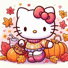 a hello kitty holding a cup and some pumpkins in front of her with autumn leaves around her