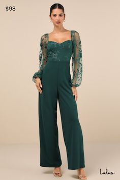 You'll strut your way into everyone's heart in the Lulus Darling Charisma Emerald Mesh Embroidered Jumpsuit! Elegant floral-embroidered mesh shapes a sweetheart neckline (with hidden no-slip strips) and long, sheer balloon sleeves (with elasticized shoulders and cuffs) that can be styled on or off the shoulders. The high, fitted waist tops crepe knit pants with a wide-leg silhouette and full-length hems. Hidden back zipper/clasp. Fit: This garment fits true to size. Length: Floor length. Size me Bridesmaid Pantsuit, Officiant Attire, Formal Wedding Guest Attire, Jumpsuit Wedding Guest, Green Outfits For Women, Bride Jumpsuit, Jumpsuit For Wedding Guest, Semi Formal Outfit, Embroidered Jumpsuit