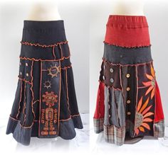 two skirts with buttons and chains on them, one is black and the other is red