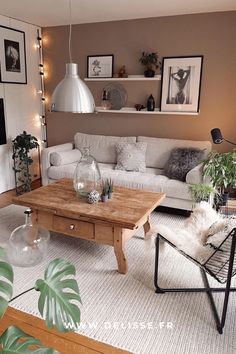 a living room filled with furniture and plants on top of it's coffee table