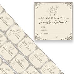 the label for homemade vanilla caramel is shown next to it's matching envelope