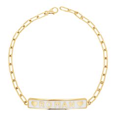 Our Custom Enamel ID Bracelet  is the apogee of all customizable jewelry.  A 14K solid gold nameplate latched onto a solid gold paper-clip link chain and laced with the text of your choice. It is available in 12 enamel color options, 3 gold colors, symbol options ( heart & star), and is customizable with your desired 8 character word. Our NEW enamel options are this years favorite pantone colorways and will definitely add some luxurious color to your style. The solid gold chain and lobster clasp Custom Gold Jewelry, Personalized Gold Jewelry, Character Words, 14k Rose Gold Bracelet, Customizable Jewelry, Solid Gold Chains, Gold Gifts, Gold Colors, Id Bracelets