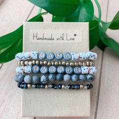 Bracelet stack. Customizable Custom Bead Bracelets, Diy Stackable Bracelets, Mama Bracelet Stack, Stackable Bracelets Diy, Friendship Bead Bracelets, Bracelet Display Ideas, Bead Business, Beaded Bracelet Stack, Stacked Bracelets