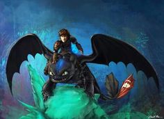 a young boy riding on the back of a black dragon in front of a blue background