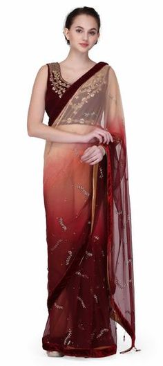 Beige and Brown, Red and Maroon color Saree in Net fabric with Stone, Zircon work Party Red Dupatta With Cutdana Detail, Festive Red Blouse Piece With Sheer Dupatta, Red Party Dupatta With Cutdana, Red Party Blouse Piece With Dori Work, Traditional Drape Red Blouse Piece For Party, Red Cutdana Party Dupatta, Red Blouse Piece With Zari Work For Celebration, Red Saree With Dori Work For Party, Red Saree With Pallu For Party