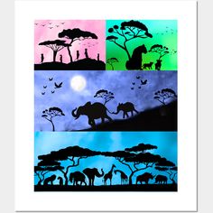 four different pictures with elephants and trees in the middle one is blue, green, pink, and yellow