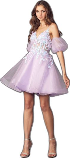 Lavender Fitted Tulle Dress, Fitted Lavender Tulle Dress, Lavender Fitted Organza Dress, Fitted Lavender Organza Dress, Lavender Fitted Puff Sleeve Dress, Lavender Fitted Dress With Puff Sleeves, Corset Boning, Short Puff Sleeve, 3d Butterfly