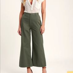 Amp Up A Casual Day Look With The Ultra-Sassy Amuse Society Dominga Olive Green Wide Leg Pants! Lightweight Woven Fabric Creates A Flattering, High-Waisted Fit (With A Top Button, Belt Loops, And A Hidden Zip Fly) And Dramatic Wide Pant Legs. Pair Them With A Cute Tee And A Platform Heels For A Breezy And Chic Look! Unlined. 100% Cotton. Nwt Non-stretch Cotton Bottoms For Day Out, Wide Leg Cotton Pants For Day Out, Green Cotton Bottoms For Day Out, Cotton Wide Leg Pants For Day Out, Non-stretch Cotton Pants For Day Out, Summer Khaki Cotton Capris, Spring Khaki High-waisted Wide Leg Pants, Summer Cotton Khaki Capris, Spring High-waisted Khaki Wide Leg Pants