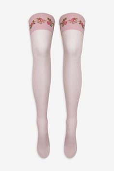 Rose Vine Thigh-High Socks — Pink Kawaii Thigh Highs, Thigh High Lace Up Boots, Thigh Socks Outfit, Thigh High Lace Socks, Pink Accessories Aesthetic, Pink Thigh High Socks, Cute Knee High Socks, Pink Stockings, Black Thigh High Socks