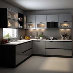 a modern kitchen with black and white cabinets