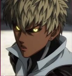 an anime character with blonde hair and yellow eyes looking at the camera while staring into the distance