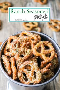 a bowl filled with homemade ranch seasoned pretzels