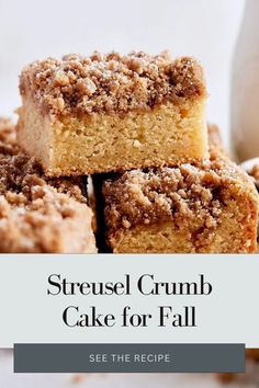 several pieces of crumb cake stacked on top of each other with text overlay