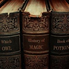 three brown books sitting on top of each other in front of a book shelf with the words, history of magic written on them