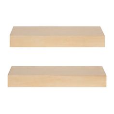 two wooden shelves sitting next to each other on a white background and one is empty