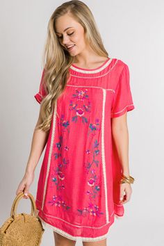 Pink Floral Embroidered Short Sleeve Dress, Short Sleeve Pink Dress With Floral Embroidery, Pink Short Sleeve Dress With Floral Embroidery, Pink Embroidered Summer Dress, Casual Pink Dress With Floral Embroidery, Coral Spring Vacation Dresses, Spring Coral Vacation Dresses, Spring Vacation Coral Dresses, Coral Dresses For Spring Vacation