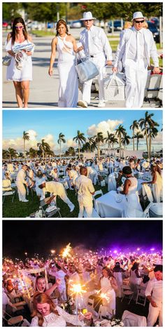 two pictures with people dressed in white at an outdoor event, one is holding sparklers