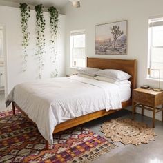 a bed sitting in a bedroom next to two windows and a rug on the floor