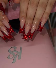 Red Diamond Acrylic Nails, Red Nails Acrylic Birthday Set, Red Long French Tip Nails, Red Diamond Nails Rhinestones, Red Diamond Nail Designs, Red Righnstone Nails, Red Frenchies Acrylic Nails, Red French Tip Nails Almond With Rhinestones, Prom Nail Inspo Red