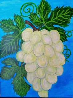 a painting of white grapes with green leaves on a blue background and swirls in the middle