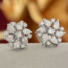 Natural SI Clarity H Color Stud 14k White Gold Cluster Earrings Handmade Jewelry Round Diamond Earrings, Diamond Cluster Earrings, White Jewelry, Gold Flower, Cluster Earrings, Flower Studs, Diamond Cluster, Gold Flowers, Fine Jewellery Earrings