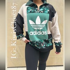 Teal Adidas One Of A Kind Reworked Sweatshirt. 3/4 Zip Sweatshirt Euc! No Holes, Stains Or Flaws. Please See Pictures For Approximate Measurements. Adidas, Patagonia, H&M Material Model Is A Size Medium. Can Fit Up To A M/L Sporty Patchwork Top For Fall, Adidas Green Top For Spring, Green Adidas Top For Spring, Custom Adidas Sweatshirt, Adidas Tops With Graphic Print For Fall, Sporty Patchwork Sweatshirt For Winter, 3/4 Sleeve Tops With Graphic Print For Fall, Oversized Adidas Sweatshirt With Long Sleeves, Adidas Fall Streetwear Top