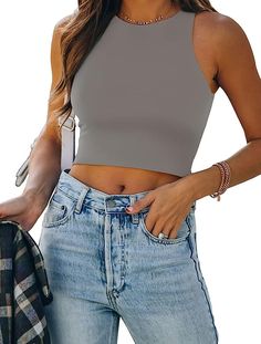 Women’s Sexy Sleeveless High Neck Racerback Cropped Tank Tops Cute Teen Girls Halter Neck Crop Tops Vest Deep Grey Medium at Amazon Women’s Clothing store Without Bra, T Shirt Crop Top, Crop Top Tees, Women Halter, Cami Crop Top, Halter Crop Top