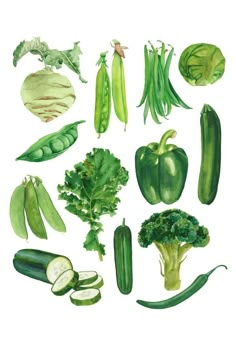 various vegetables are arranged in the shape of a circle, including broccoli, cucumbers and peas